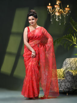 DESH BIDESH - Women Red Organza Printed Saree Without Blouse