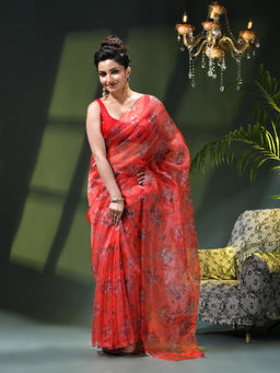 DESH BIDESH - Women Pink Organza Printed Saree Without Blouse