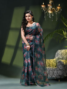 DESH BIDESH - Women Green Organza Printed Saree Without Blouse
