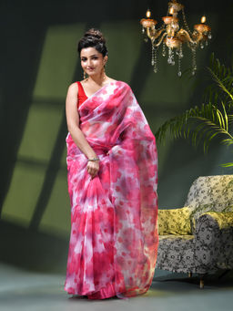 DESH BIDESH - Women Pink Organza Floral Printed Saree Without Blouse