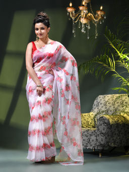 DESH BIDESH - Women White Organza Printed Saree Without Blouse