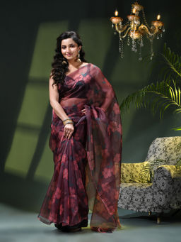 DESH BIDESH - Women Organza Floral Printed Black Saree Without Blouse