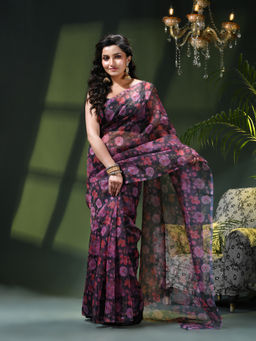 DESH BIDESH - Women Organza Black Printed Saree Without Blouse