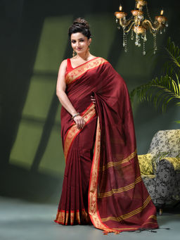DESH BIDESH - Women Maroon Pure Cotton Woven Saree Without Blouse
