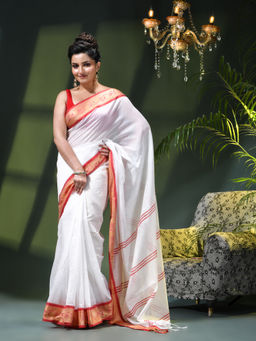 DESH BIDESH - Women White Pure Cotton Woven Saree Without Blouse