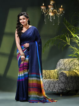 DESH BIDESH - Women Blue Pure Cotton Stripes Saree Without Blouse