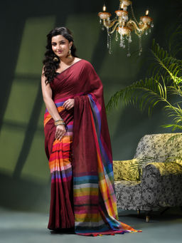 DESH BIDESH - Women Maroon Pure Cotton Stripes Saree Without Blouse