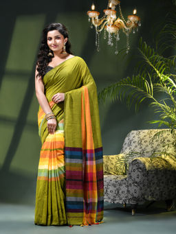 DESH BIDESH - Women Green Pure Cotton Stripes Saree Without Blouse