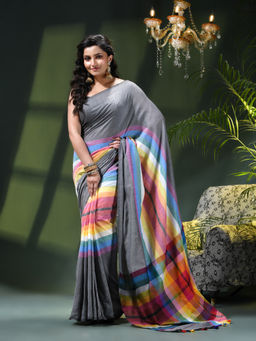 DESH BIDESH - Women Grey Pure Cotton Stripes Saree Without Blouse