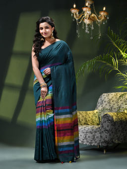 DESH BIDESH - Women Teal Pure Cotton Stripes Saree Without Blouse