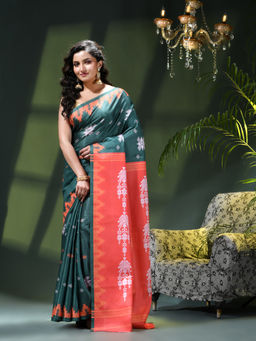 DESH BIDESH - Women Green Crepe Embroidered Saree with Unstitched Blouse
