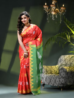 DESH BIDESH - Women Red Crepe Embroidered Saree with Unstitched Blouse