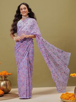 ADA - Women Lavender Georgette Embroidered Saree with Unstitched Blouse