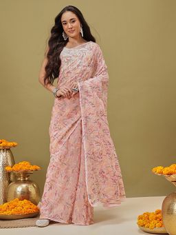 ADA - Women Pink Georgette Embroidered Saree with Unstitched Blouse