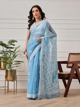 ADA - Women Blue Georgette Embroidered Saree with Unstitched Blouse