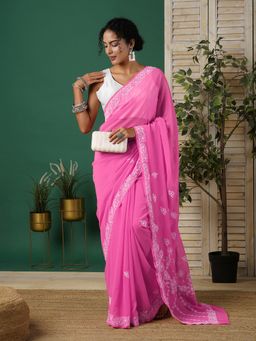 ADA - Women Pink Georgette Embroidered Saree with Unstitched Blouse