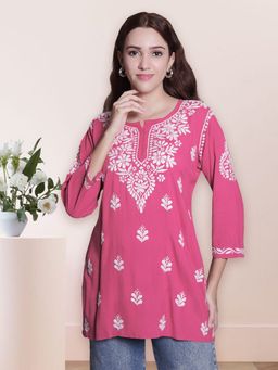 Seva Chikan - Hand Embroidered Carrot Pink Rayon Lucknowi Chikankari Top