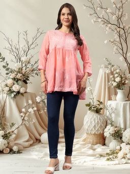 Seva Chikan - Hand Embroidered Peach Terivoil Cotton Lucknowi Chikankari Top