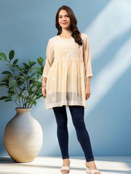 Seva Chikan - Hand Embroidered Beige Georgette Lucknowi Chikankari Top