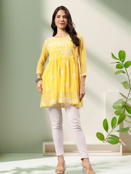 Seva Chikan - Hand Embroidered Yellow Georgette Lucknowi Chikankari Top