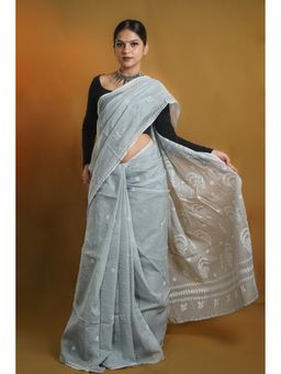 Shwet Heritage - Women Grey Kota Embroidered Saree Without Blouse