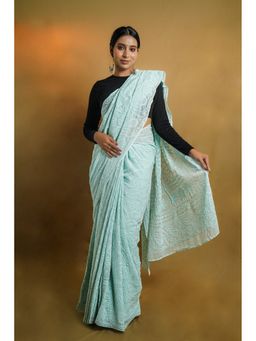 Shwet Heritage - Women Aqua Georgette Embroidered Saree with Unstitched Blouse