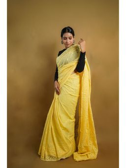 Shwet Heritage - Women Yellow Kota Embroidered Saree Without Blouse