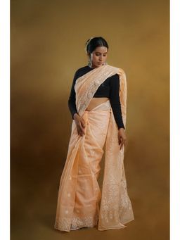 Shwet Heritage - Women Peach Kota Embroidered Saree Without Blouse