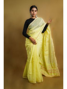 Shwet Heritage - Women Yellow Kota Embroidered Saree Without Blouse