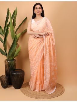 Shwet Heritage - Women Peach Kota Embroidered Saree Without Blouse