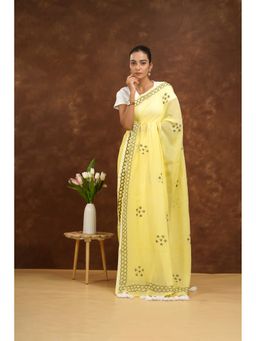Shwet Heritage - Women Yellow Mulmul Embroidered Saree Without Blouse