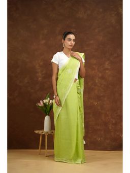 Shwet Heritage - Women Green Mulmul Embroidered Saree Without Blouse