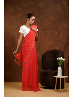 Shwet Heritage - Women Pink Mulmul Embroidered Saree Without Blouse