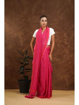 Shwet Heritage - Women Magenta Mulmul Embroidered Saree Without Blouse