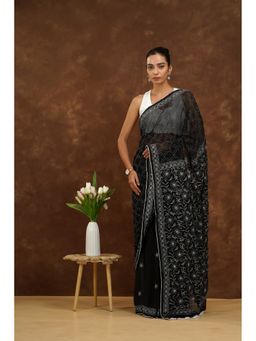 Shwet Heritage - Women Black Mulmul Embroidered Saree Without Blouse