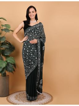 Shwet Heritage - Women Black Georgette Embroidered Saree Without Blouse