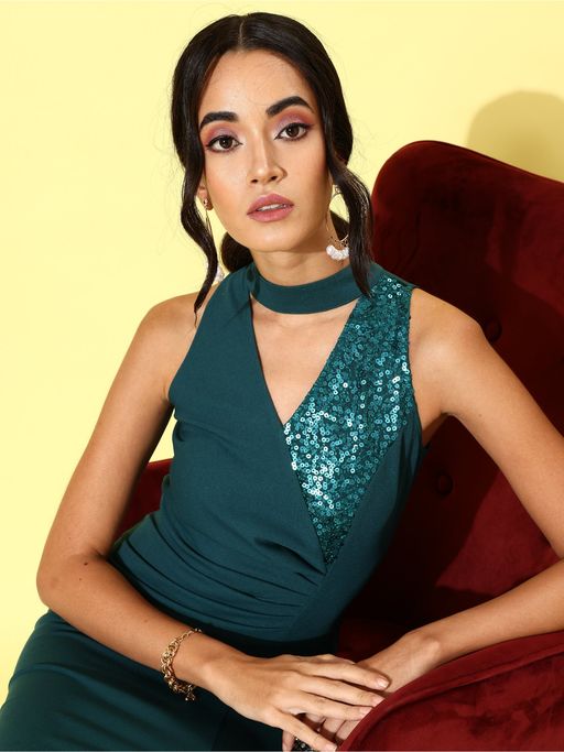 green emerald velvet dress ASHLEYlauren 12013 Hand-Beaded Gown with Choker Detail