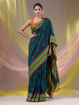CHARUKRITI - Teal Cotton Handloom Soft Nakshi Border Saree with Unstitched Blouse