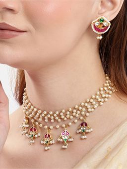 Nuyug - Royal Multi-Strand Pearl Choker Necklace and Earrings Set