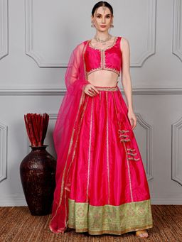 Ethnovog - Hot Pink Chanderi Silk Blouse Kali Lehenga & Dupatta (Set of 3)