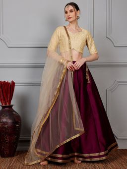 Ethnovog - Beige & Wine Embroidered Kali Blouse with Lehenga & Dupatta (Set of 3)