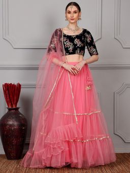 Ethnovog - Black Velvet Blouse Embroidered Pink Tiered Lehenga & Dupatta (Set of 3)