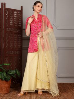 Ethnovog - Magenta Embroidered High Slit Kurta with Palazzo & Dupatta (Set of 3)