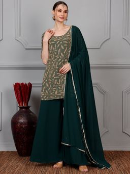 Ethnovog - Green and Beige Embroidered Net Kurta with Palazzo & Dupatta (Set of 3)