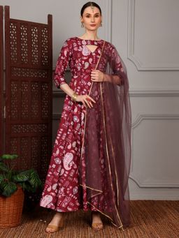 Ethnovog - Ready To Wear Maroon and Peach Digital Print Anarkali with Pant & Dupatta (Set of 3)