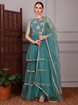 Ethnovog - Ready To Wear Green Georgette Embroidered Kurta with Palazzo & Dupatta (Set of 3)