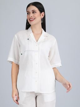 1401 The Label - Women White Linen Embroidered Shirt