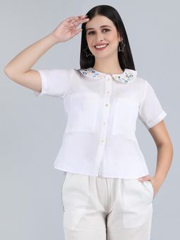 1401 The Label - Women White Linen Embroidered Shirt