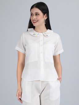 1401 The Label - Women White Linen Embroidered Shirt
