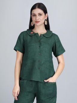 1401 The Label - Women Green Linen Embroidered Shirt